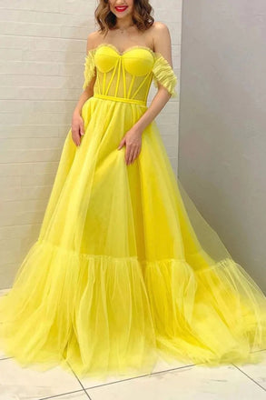 A Line Off the Shoulder Yellow Tulle Long Prom Dresses, Formal Evening Dresses IN1919