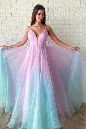 Ombre Spaghetti Straps Sleeveless A Line Prom Dress INO83
