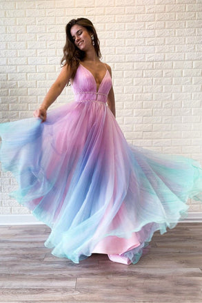 Ombre Spaghetti Straps Sleeveless A Line Prom Dress INO83