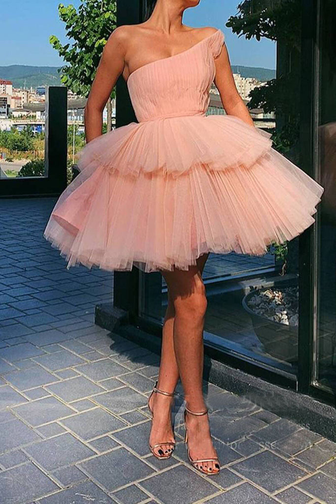 One Shoulder Blush Pink Homecoming Dress A Line Pleated Tulle Tutu Dress INHD38