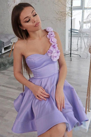 One Shoulder Floral Short Purple Prom Dress, 3D Flowers Purple Homecoming Dresses INHD19