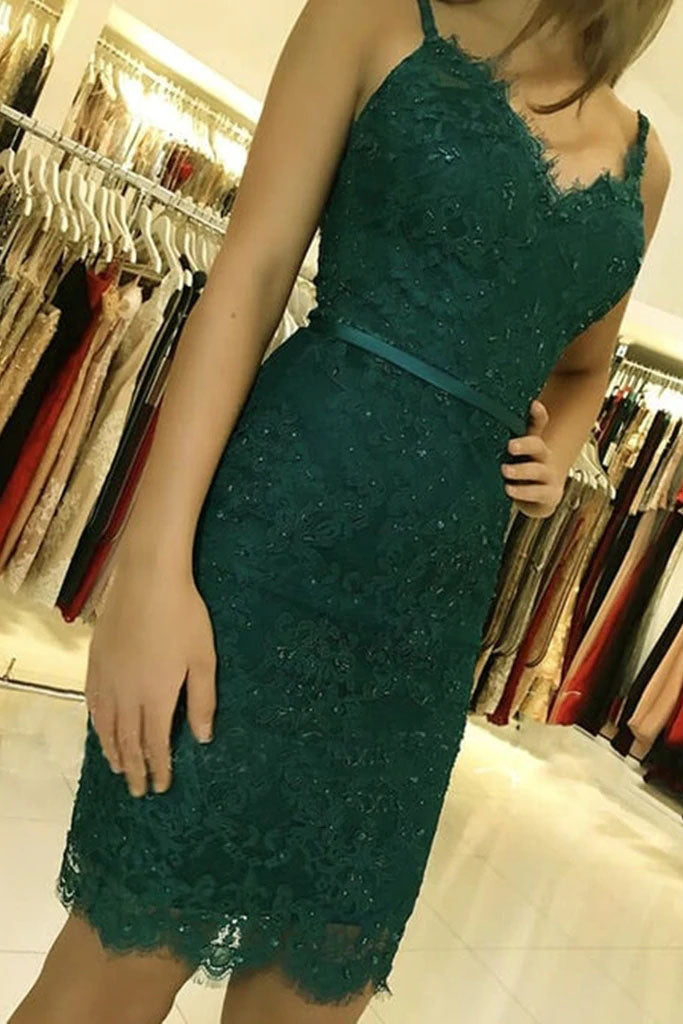 Dark Green Lace Short Prom Homecoming Dress, Formal Graduation Evening Dresses INHD15