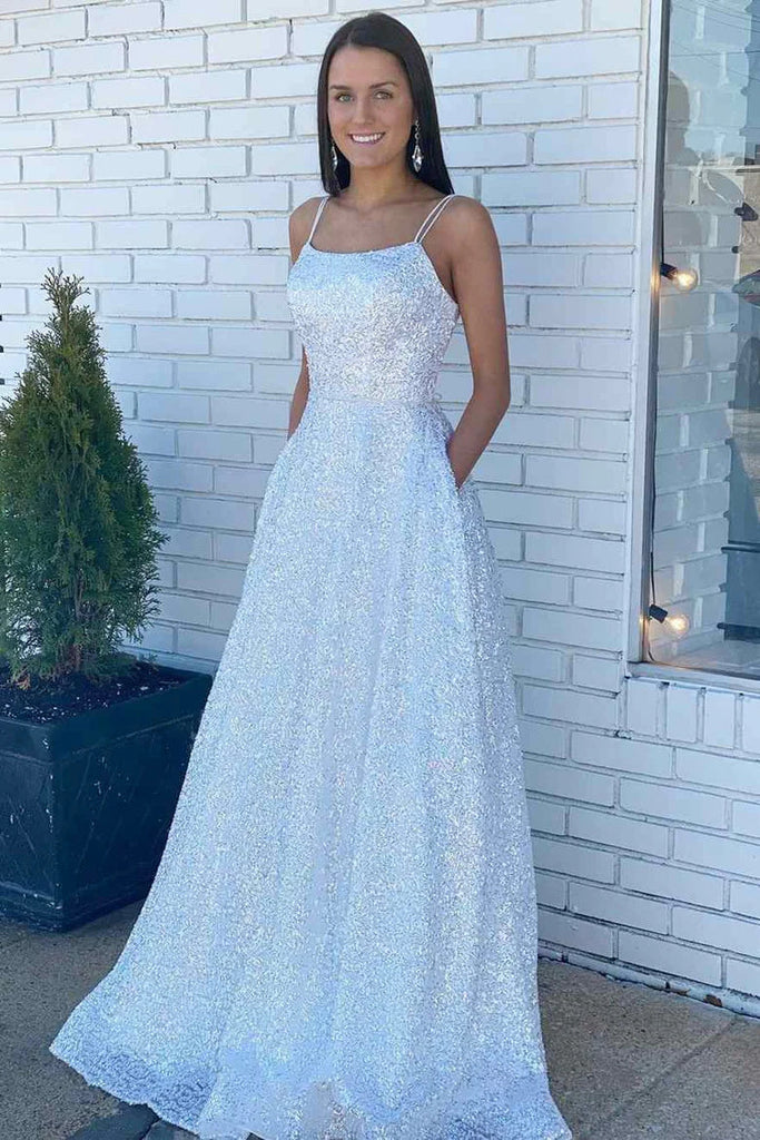 White Sequin Straps Lace-Up Back A-Line Prom Dress Formal Evening Dresses IN2026