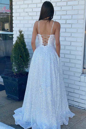 White Sequin Straps Lace-Up Back A-Line Prom Dress Formal Evening Dresses IN2026