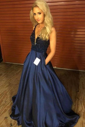 A Line Plunge Neckline Beaded Navy Blue Prom Dresses Pockets Cheap Evening Dresses INI55