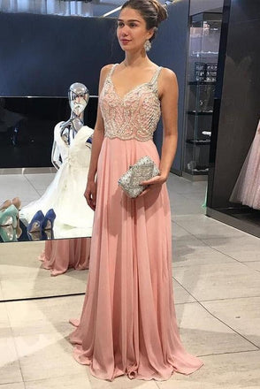 Cheap Peach Chiffon Beading Straps Long A-line Prom Dresses ING31