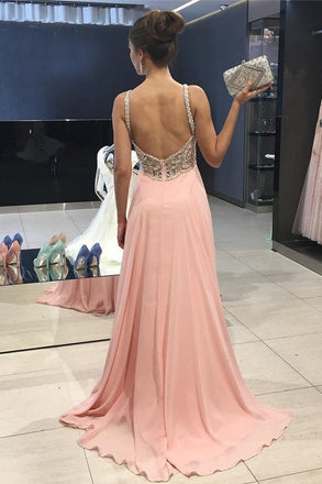 Cheap Peach Chiffon Beading Straps Long A-line Prom Dresses ING31