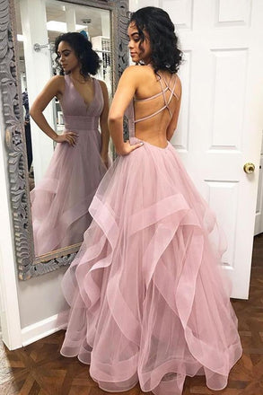 Sexy Deep V Neck Ruffles Pink Long Prom Dress with Criss Cross Back INI41