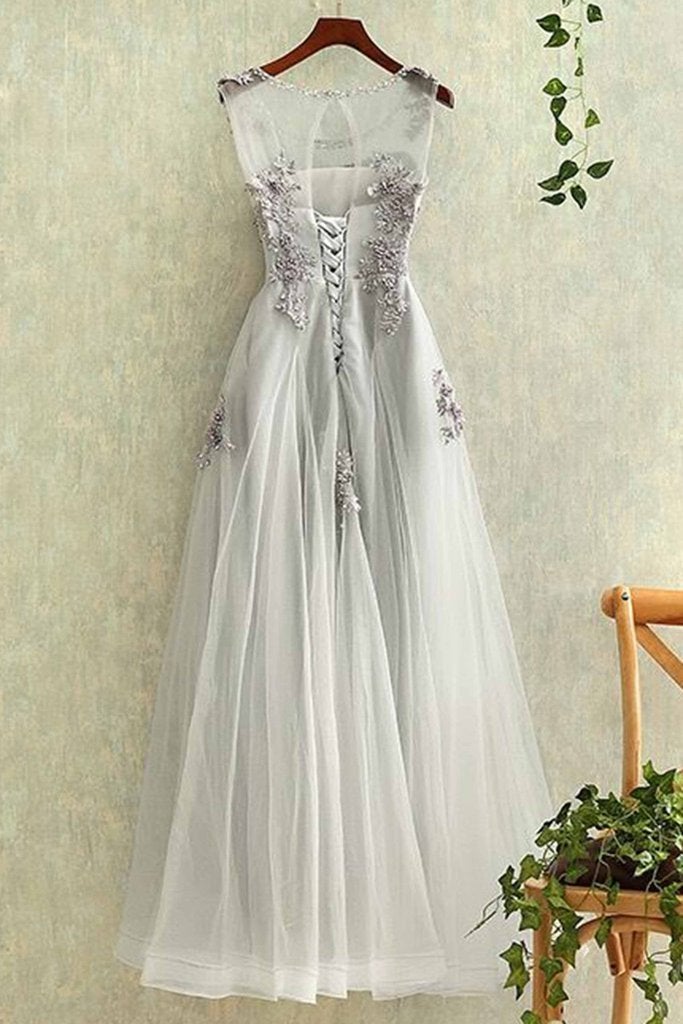 Gray tulle round neck a line lace applique see-through long prom/evening dresses IN194
