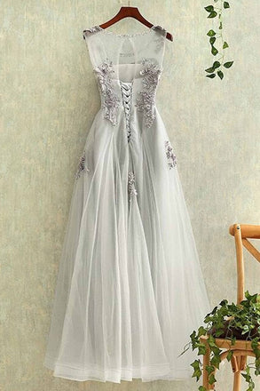 Gray tulle round neck a line lace applique see-through long prom/evening dresses IN194