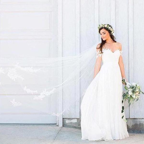 Popular Off the Shoulder Long A-line Ivory Chiffon Sexy Beach Wedding Dresses IN796