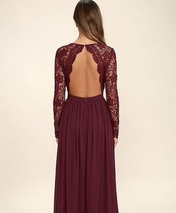Lace Chiffon Bodice Burgundy Prom Dress,Long Simple Bridesmaid Dress with Long Sleeves IN381
