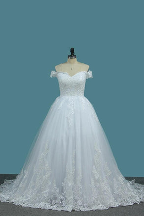 New Arrival Off The Shoulder A Line Wedding Dresses Tulle With Applique Sweep Train INE71