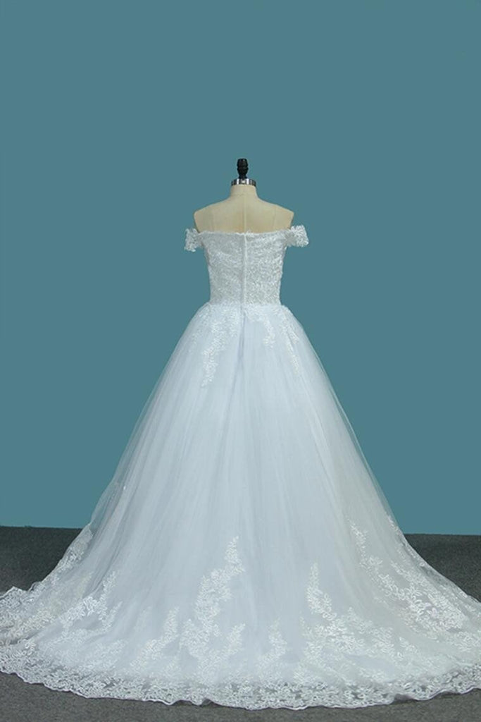 New Arrival Off The Shoulder A Line Wedding Dresses Tulle With Applique Sweep Train INE71