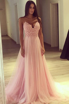 A Line Spaghetti Straps Pink Tulle Long Prom Dress INE87