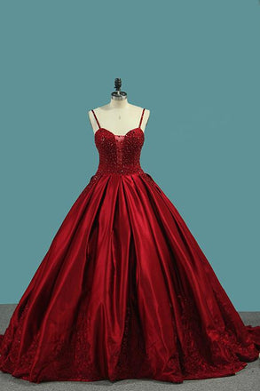 Burgundy Spaghetti Straps Beading Prom Dresses, Princess Ball Gown INJ7
