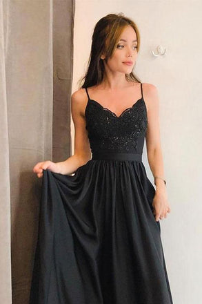 Stunning A-line Spaghetti Straps Long Black Prom Dress with Split INJ63