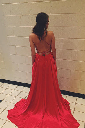 Red Spaghetti Strap Prom Dress with Pockets Sexy Long Split Party Dresses INJ87