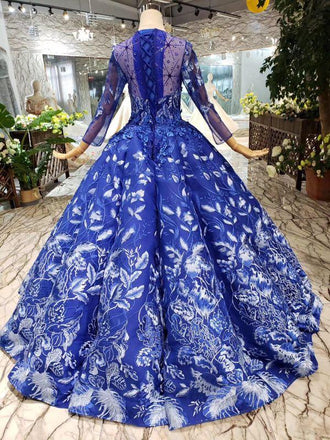 Royal Blue Long Sleeves Lace Prom Dresses,Ball Gown Quinceanera Dresses INK6