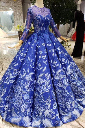 Royal Blue Long Sleeves Lace Prom Dresses,Ball Gown Quinceanera Dresses INK6