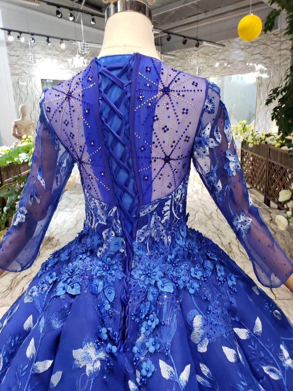 Royal Blue Long Sleeves Lace Prom Dresses,Ball Gown Quinceanera Dresses INK6