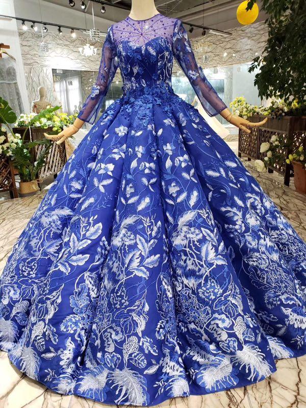 Royal Blue Long Sleeves Lace Prom Dresses,Ball Gown Quinceanera Dresses INK6