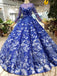 Royal Blue Long Sleeves Lace Prom Dresses,Ball Gown Quinceanera Dresses INK6
