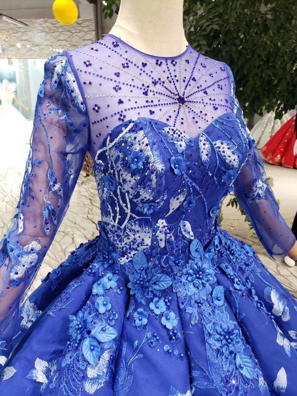 Royal Blue Long Sleeves Lace Prom Dresses,Ball Gown Quinceanera Dresses INK6