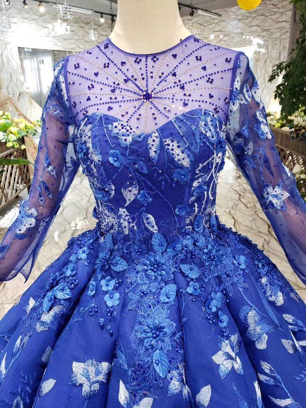 Royal Blue Long Sleeves Lace Prom Dresses,Ball Gown Quinceanera Dresses INK6