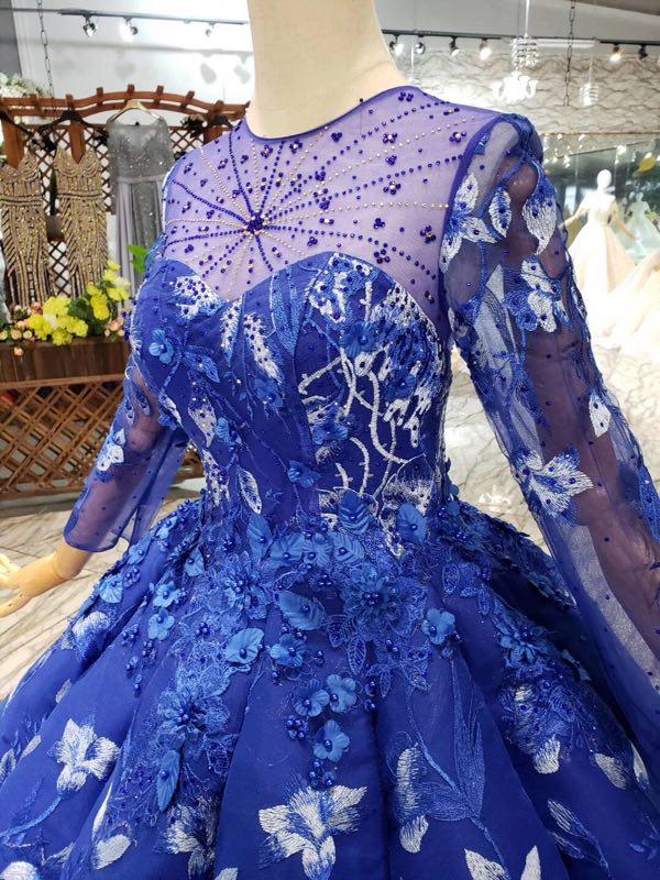 Royal Blue Long Sleeves Lace Prom Dresses,Ball Gown Quinceanera Dresses INK6