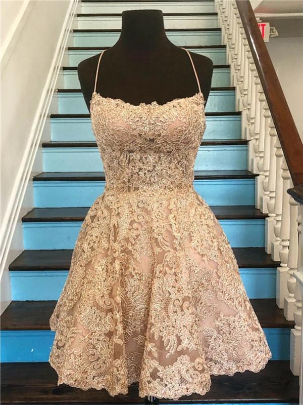 Spaghetti Straps Criss Cross Back A Line Lace Homecoming Dresses INO76