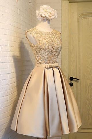 Light Gold Satins Lace Round Neck Homecoming Dress With Bownot IN342