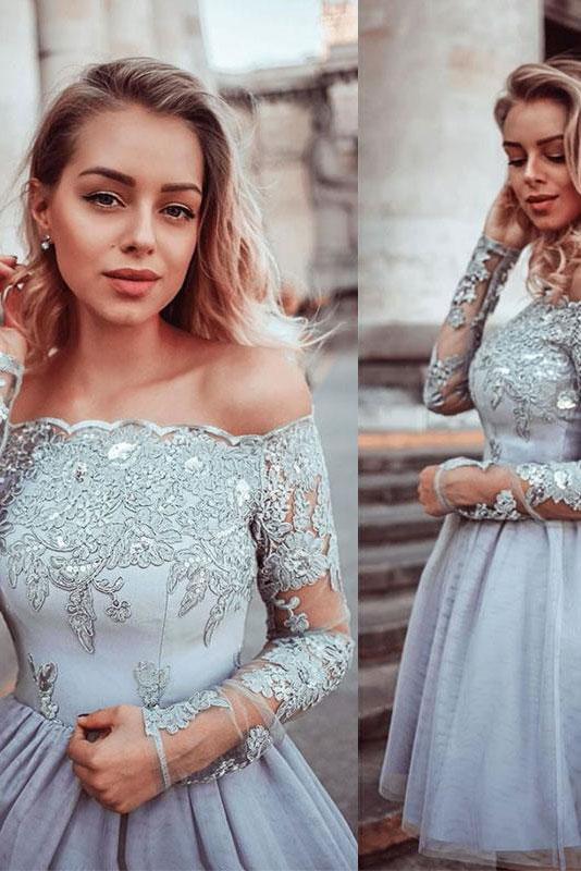 Gray Lace Appliques Tulle Short Prom Dress, Long Sleeves Homecoming Dress INP55
