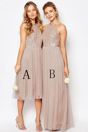Gorgeous Sequins Top Halter Romantic A Line Short Long Bridesmaid Dresses IND60