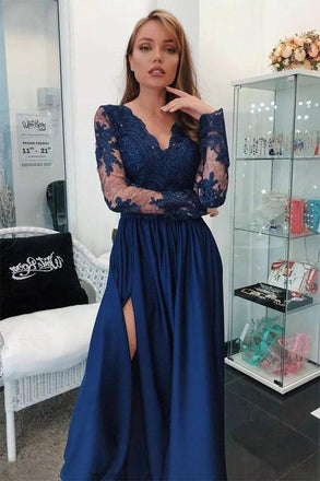 A Line Long Sleeves V Neck Dark Blue Prom Dresses With Appliques INI67
