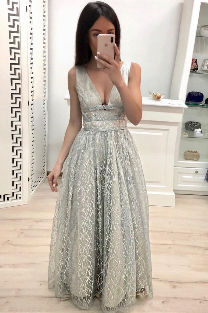 A Line V Neck Lace Prom Dresses, Cheap Long Evening Dress INK20