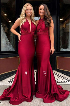 Mermaid V-Neck Burgundy Long Convertible Prom Bridesmaid Dresses INR23