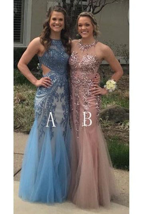 Charming Mermaid Long Tulle Sequin Appliques Prom Dresses IND86