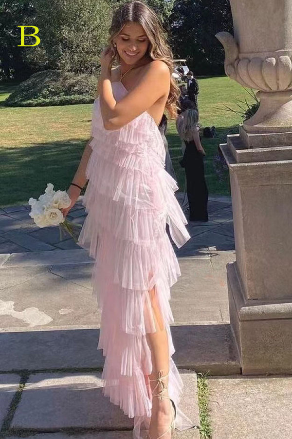 Pink Halter Ruffles Tulle Prom Dresses with Slit, A Line Long Backless Party Dress INDP11