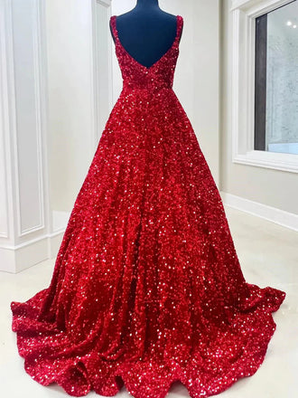 A line Red Square Neck Sequin Long Prom Dresses, Formal Evening Dresses IN2003