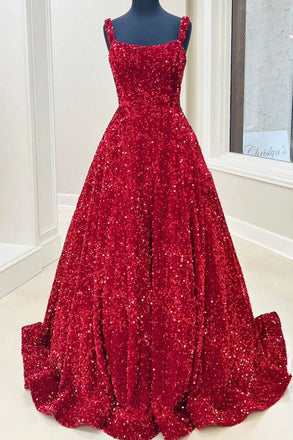 A line Red Square Neck Sequin Long Prom Dresses, Formal Evening Dresses IN2003