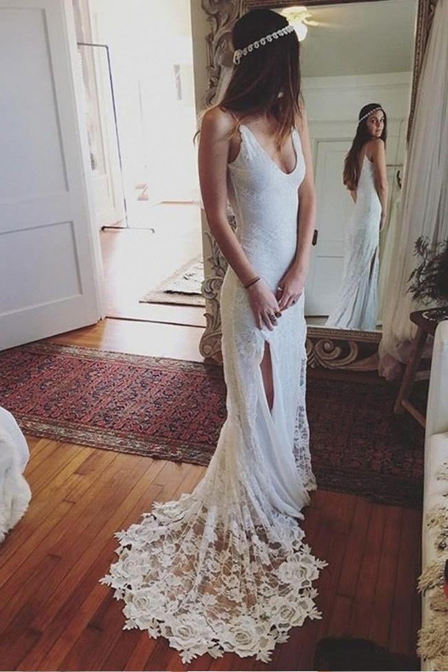Romantic Boho Backless Lace Mermaid Long Wedding Dress INC81