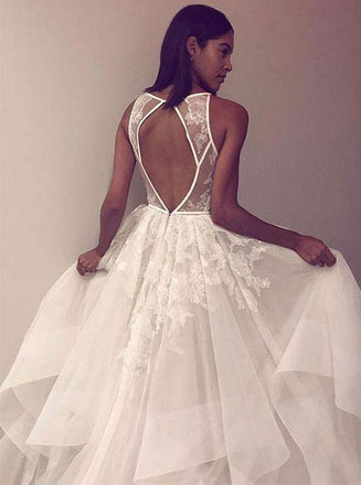 A Line Tulle Appliques Long Prom Dress Open Back Cheap Wedding Dress INH86