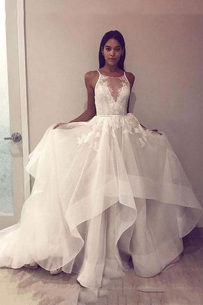 A Line Tulle Appliques Long Prom Dress Open Back Cheap Wedding Dress INH86