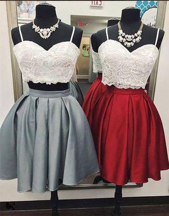 Sexy Two Piece Gray Burgundy Short Homecoming Dresses With Lace Top INO77