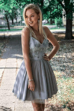 A-Line Straps Above-Knee Gray Homecoming Dress with Appliques INN98