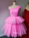 One Shoulder Blush Pink Homecoming Dress A Line Pleated Tulle Tutu Dress INHD38