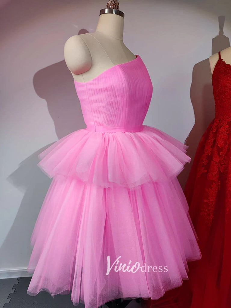 One Shoulder Blush Pink Homecoming Dress A Line Pleated Tulle Tutu Dress INHD38