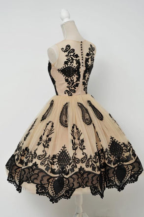 Elegant A-Line Scoop Sleeveless Tulle Vintage Style Homecoming Dress With Black Lace IN465