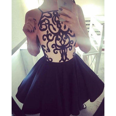 Stylish A-Line Halter Black Satin Short Homecoming Dresses,Graduation Dresses IN459